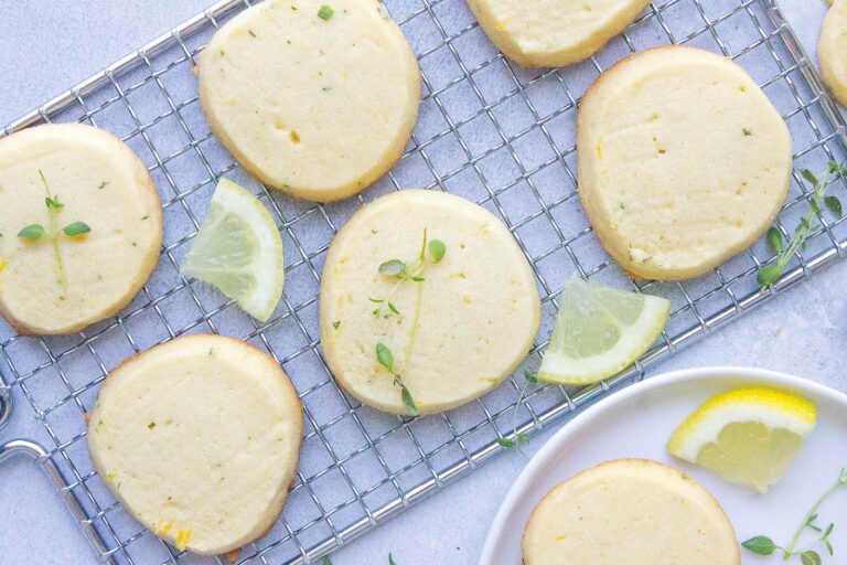 Lemon Shortbread cookies with thyme on cooking rack
