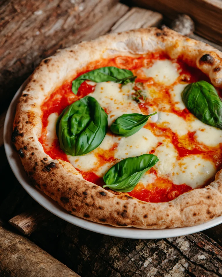 Delicious homemade margherita pizza with fresh basil on a rustic wood table.